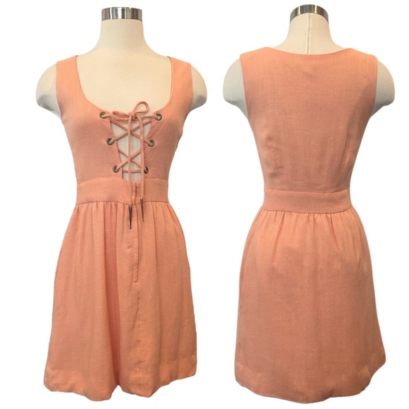 Vintage Joseph Magnin Pastel Peach 60s 70s Bohemian Lace Up Corset Dirndl Dress - Picture 1 of 11